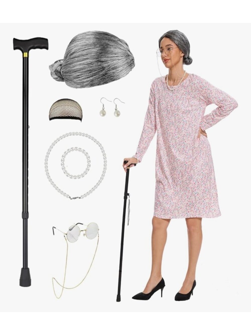 Tuowey 9PC Womens Adult Granny Costume Set Pink Floral Dress Accessories Include